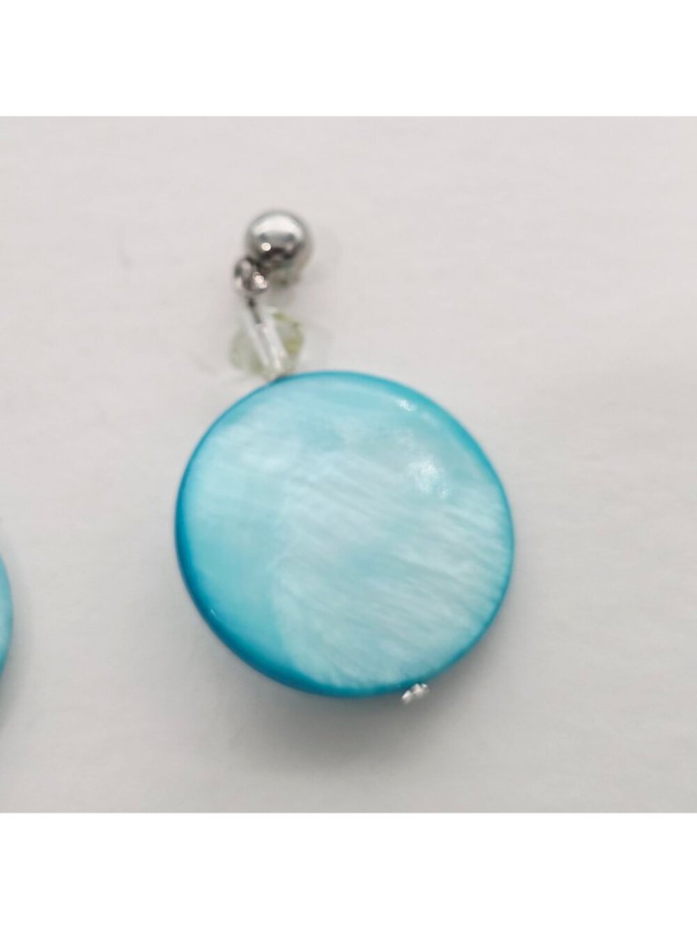 Blue Shell Disc Earrings With Crystal Accents & Silver Tone Posts 1.75" - Picture 4 of 5